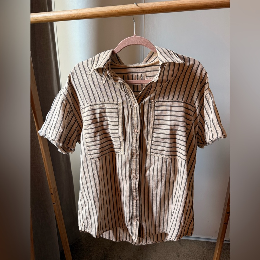 We The Free Beige and Black Striped Casual Shirt